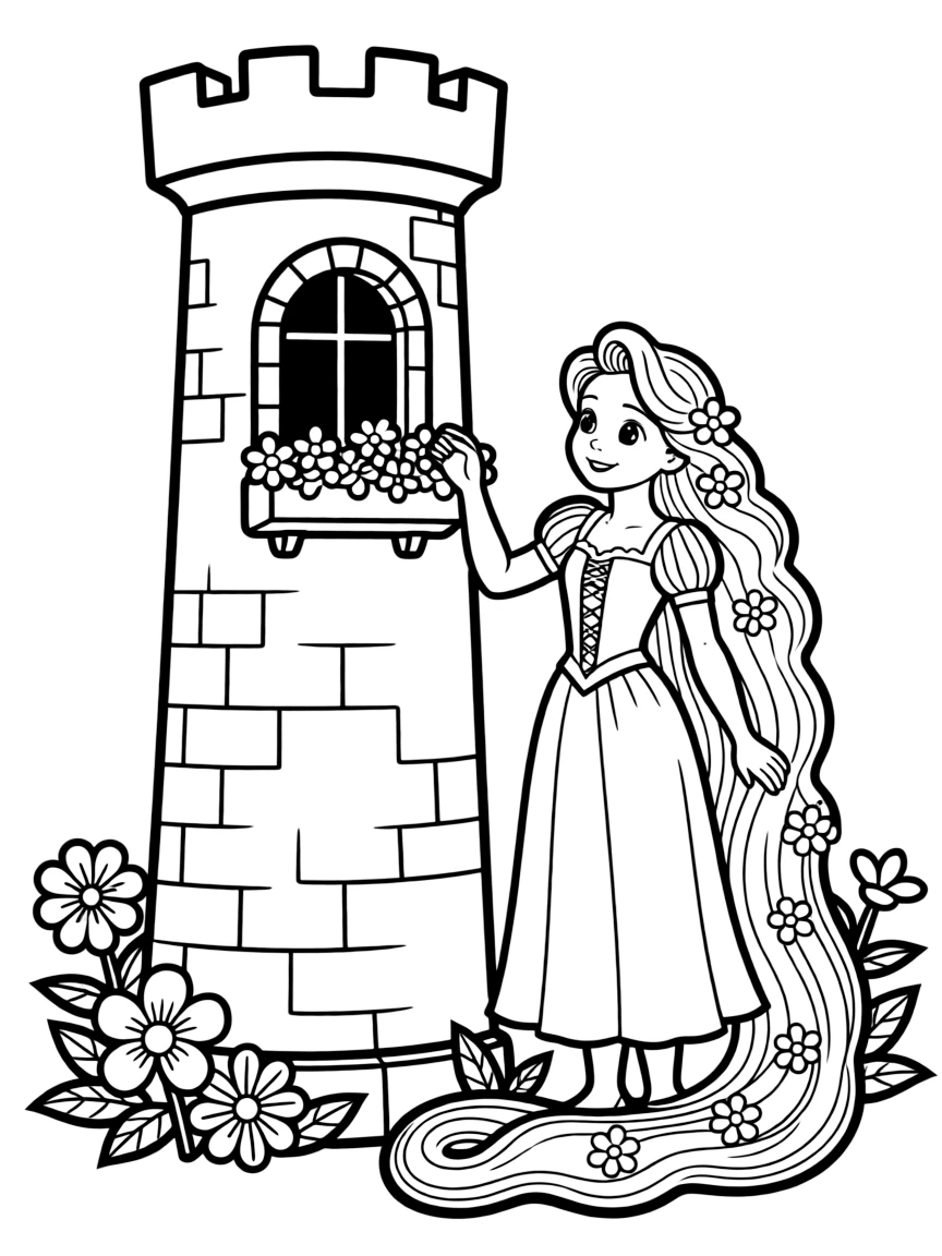 Rapunzel letting down her long, flowing hair, with flowers.
