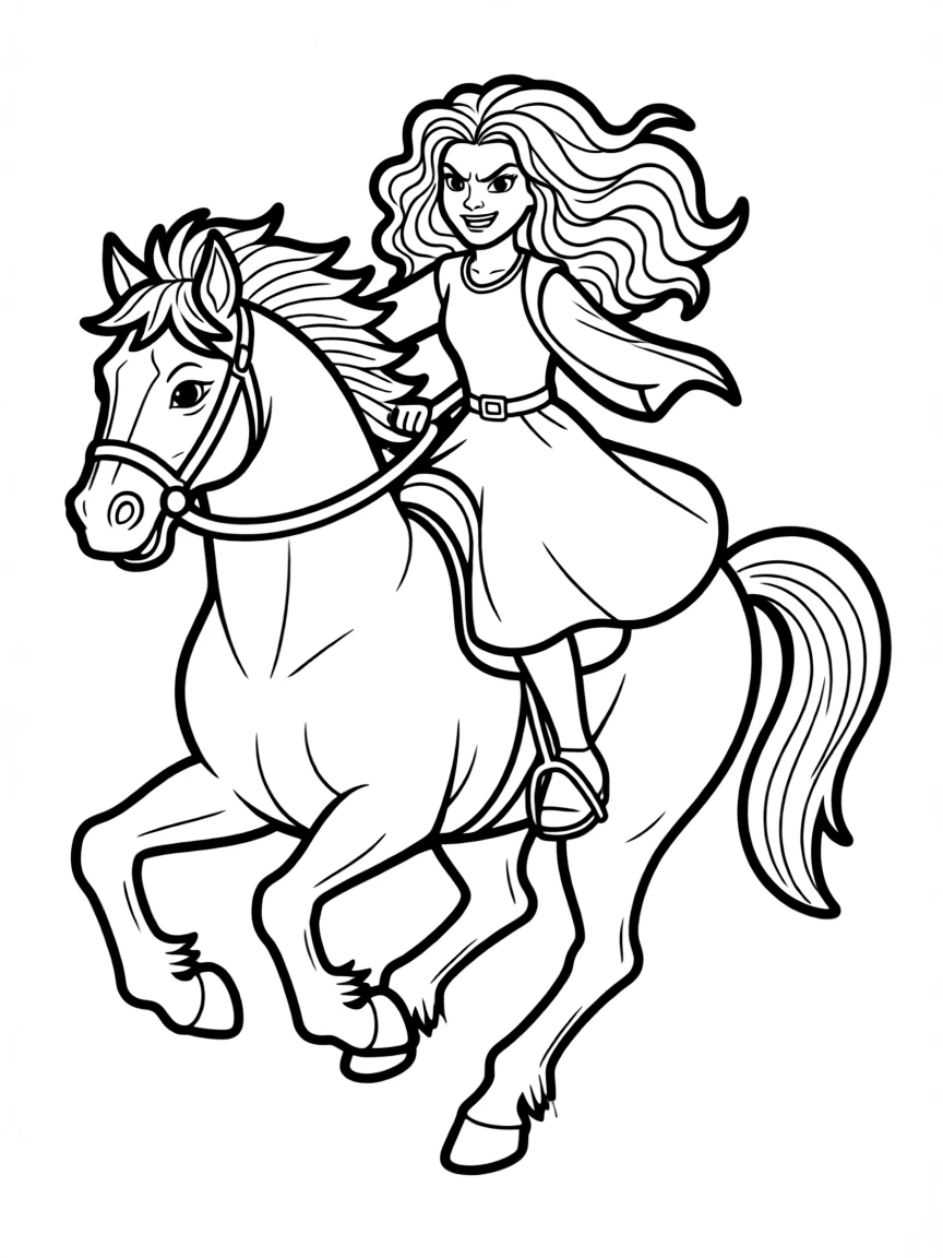 Merida riding Angus, with a fierce expression.