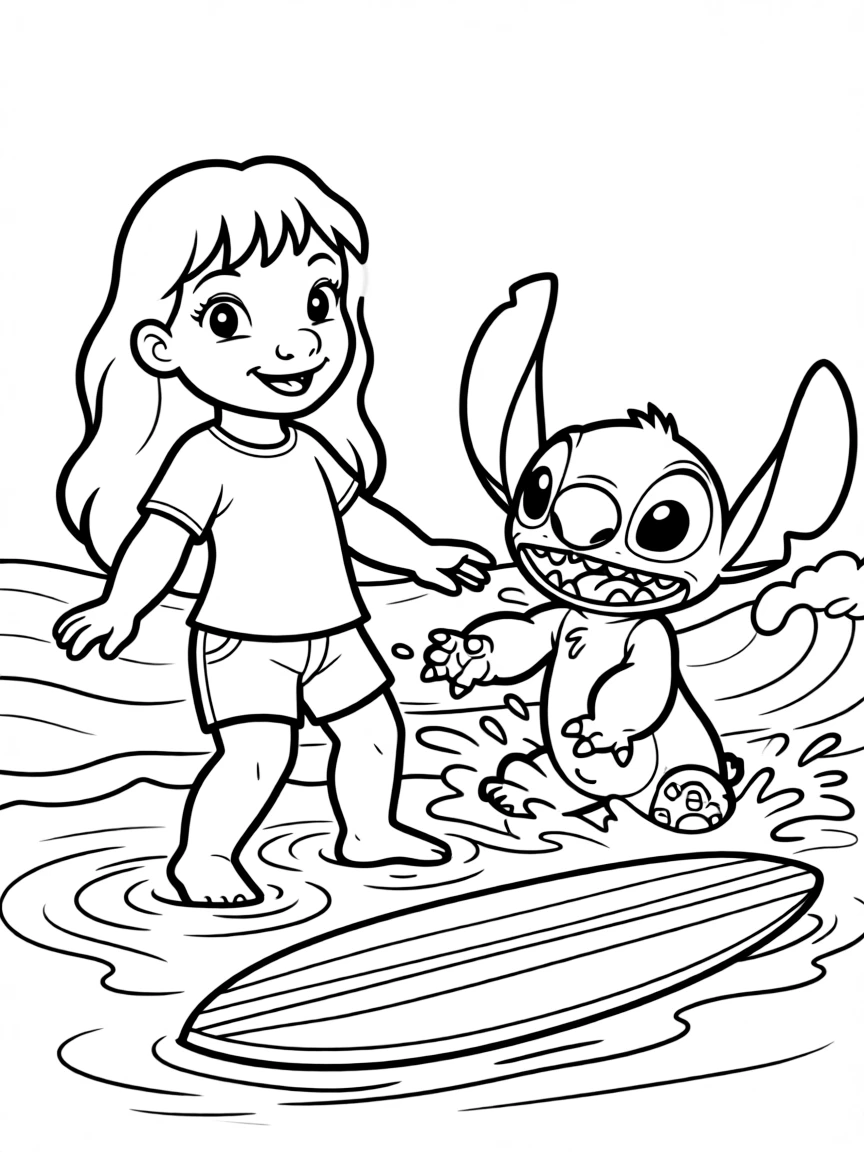 Lilo and Stitch playing in the waves, with a surfboard.