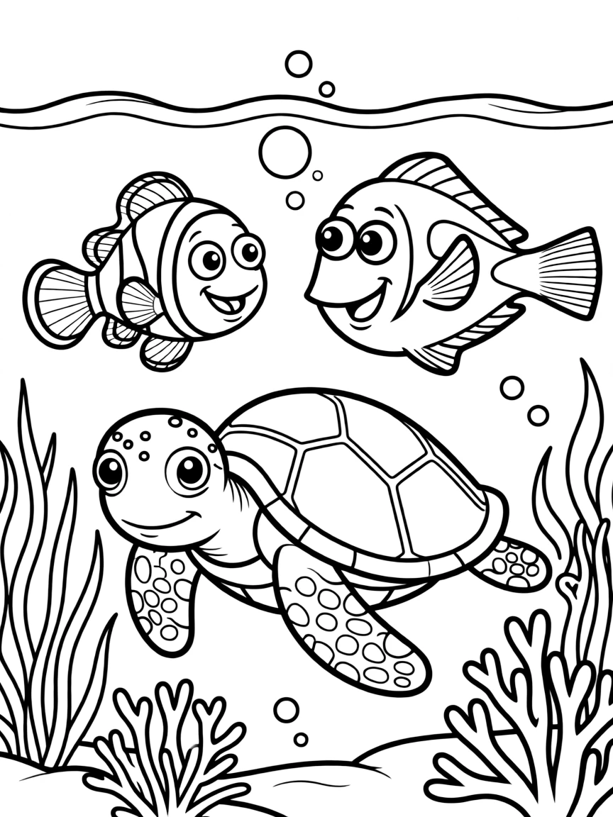 Nemo and Dory swimming with a friendly sea turtle.