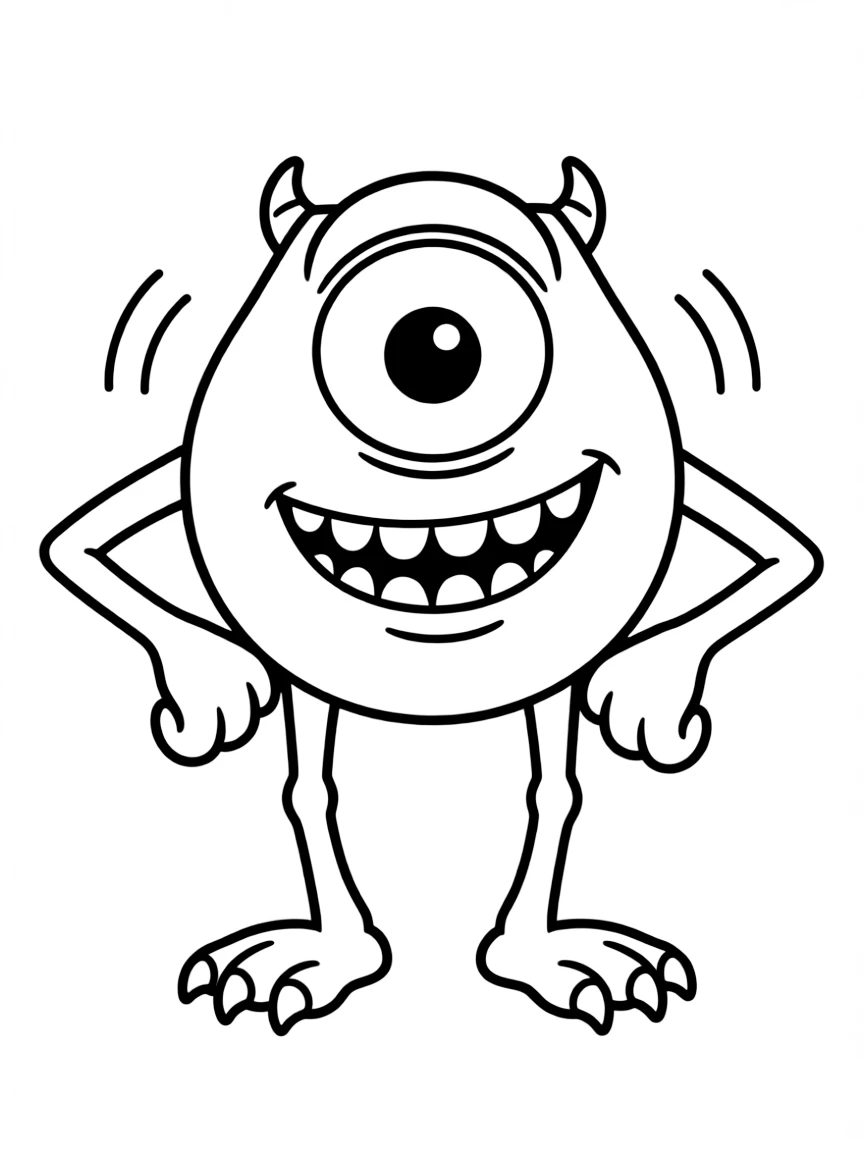 Mike Wazowski telling a funny joke, with his one eye wide.