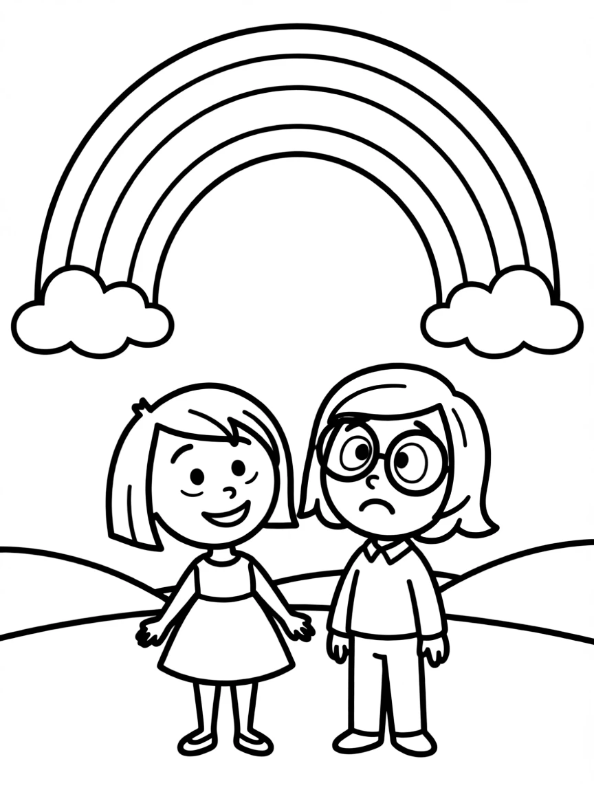 Joy and Sadness looking at a dream, with a rainbow.