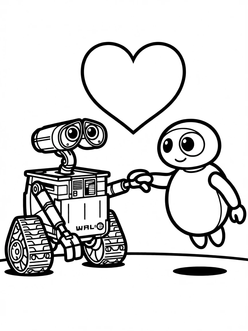 WALL-E and EVE holding hands, with a heart shape.