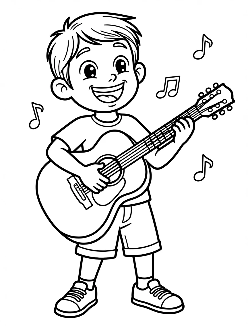 Miguel playing his guitar passionately, with bright colors.