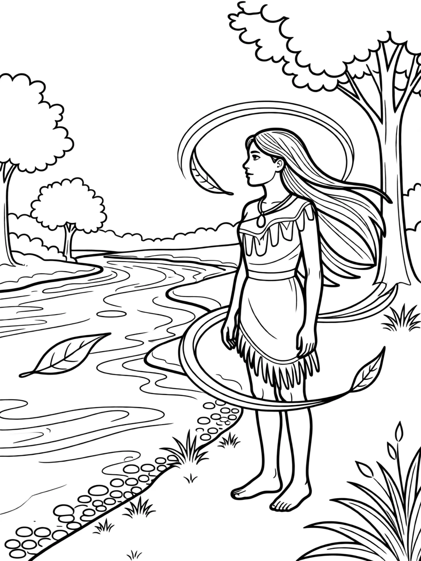 Pocahontas standing by a river, with the leaves blowing.
