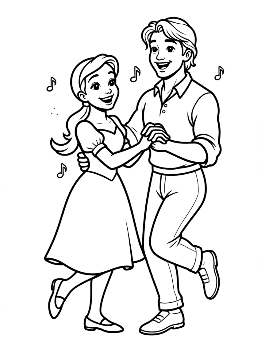 Tiana and Naveen dancing as humans, with joyful expressions.