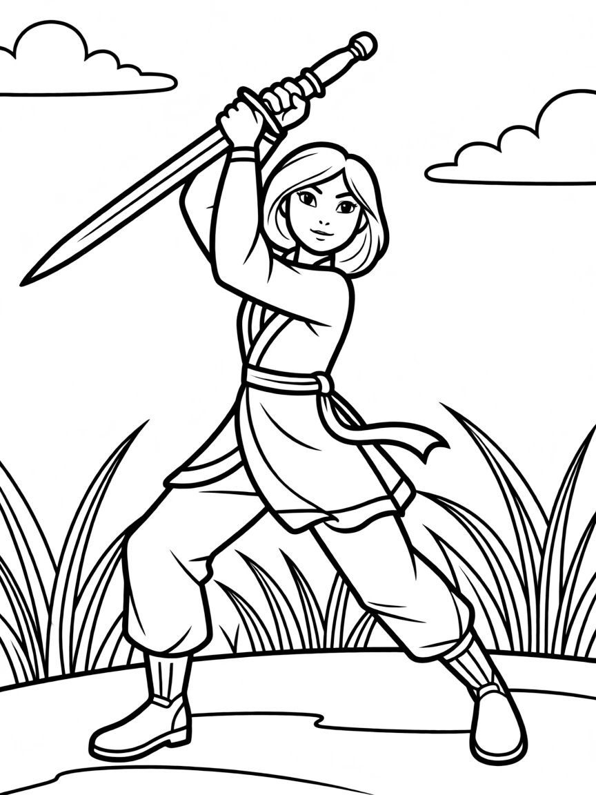 Mulan fighting bravely, with a determined look.