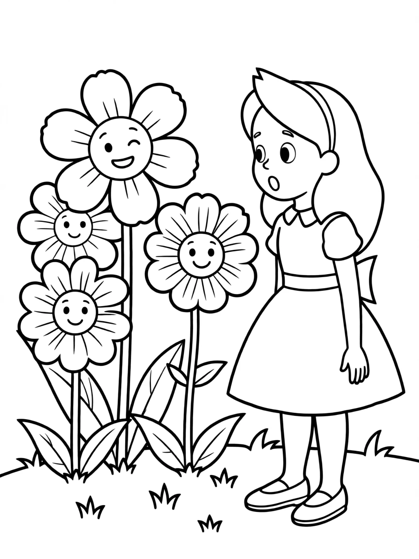Alice talking to the talking flowers, looking surprised.