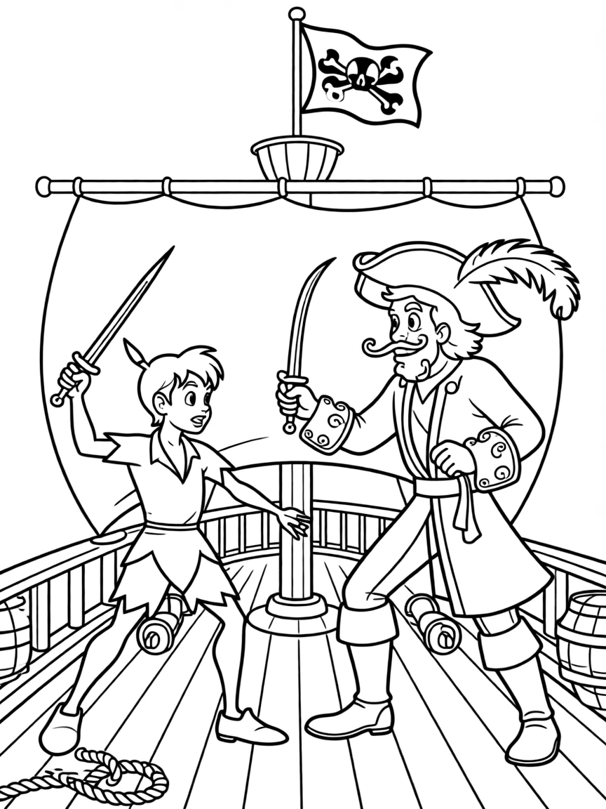 Peter Pan and Captain Hook sword fighting on the Jolly Roger.