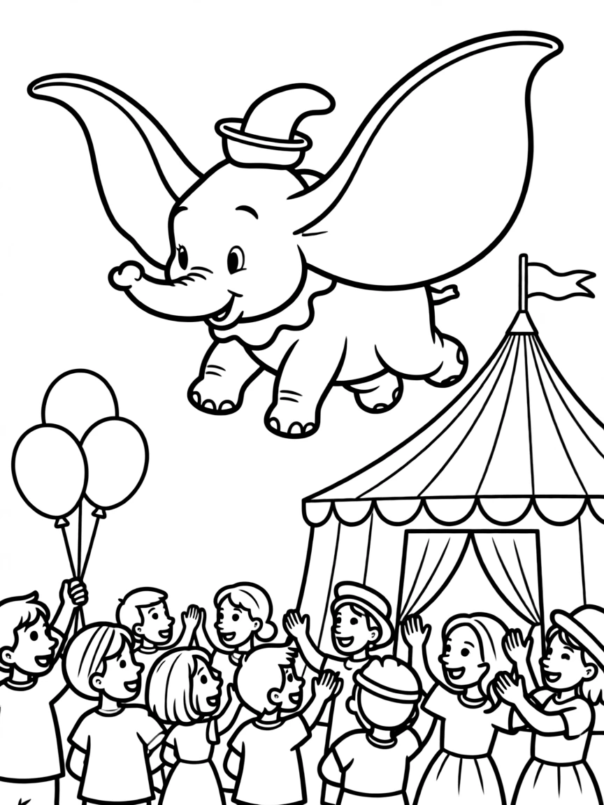 Dumbo flying above the circus crowd, looking triumphant.