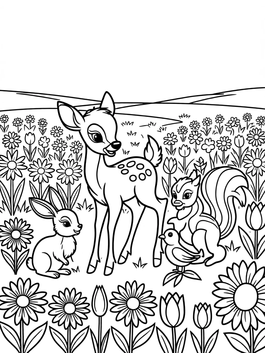 Bambi and his friends playing in a field of flowers.
