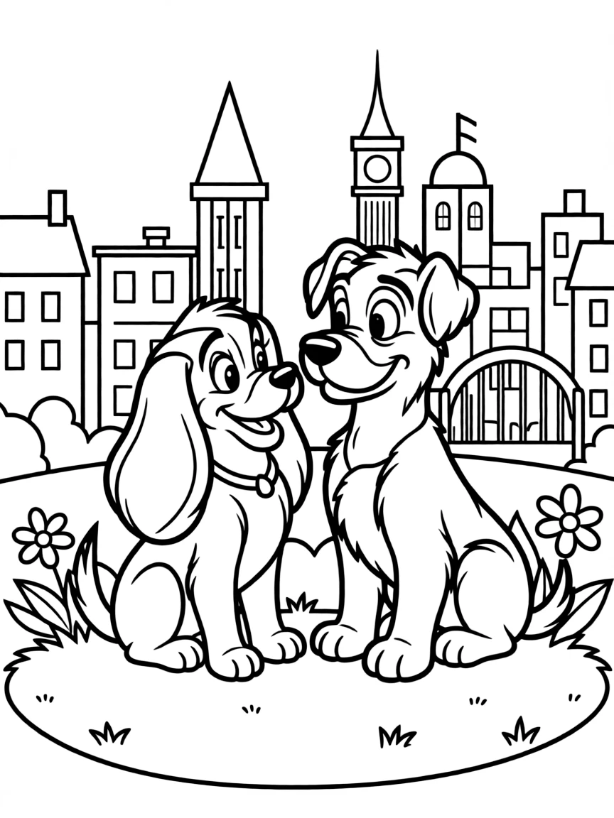 Lady and Tramp looking at each other lovingly, with the cityscape.