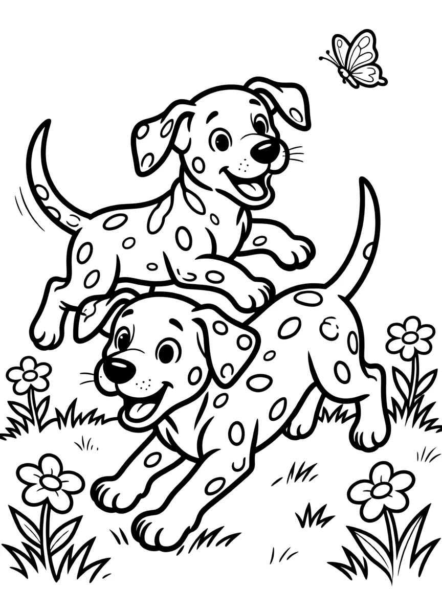 The Dalmatian puppies playing with each other, with spots everywhere.