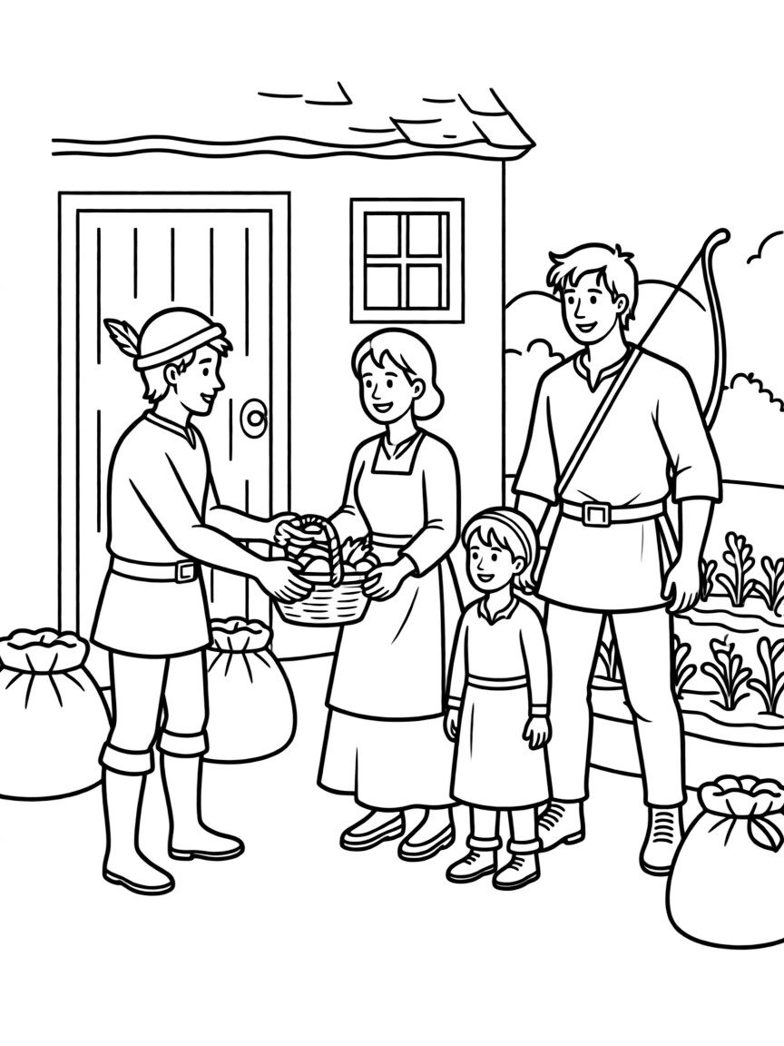 Robin Hood and Little John helping a poor family.