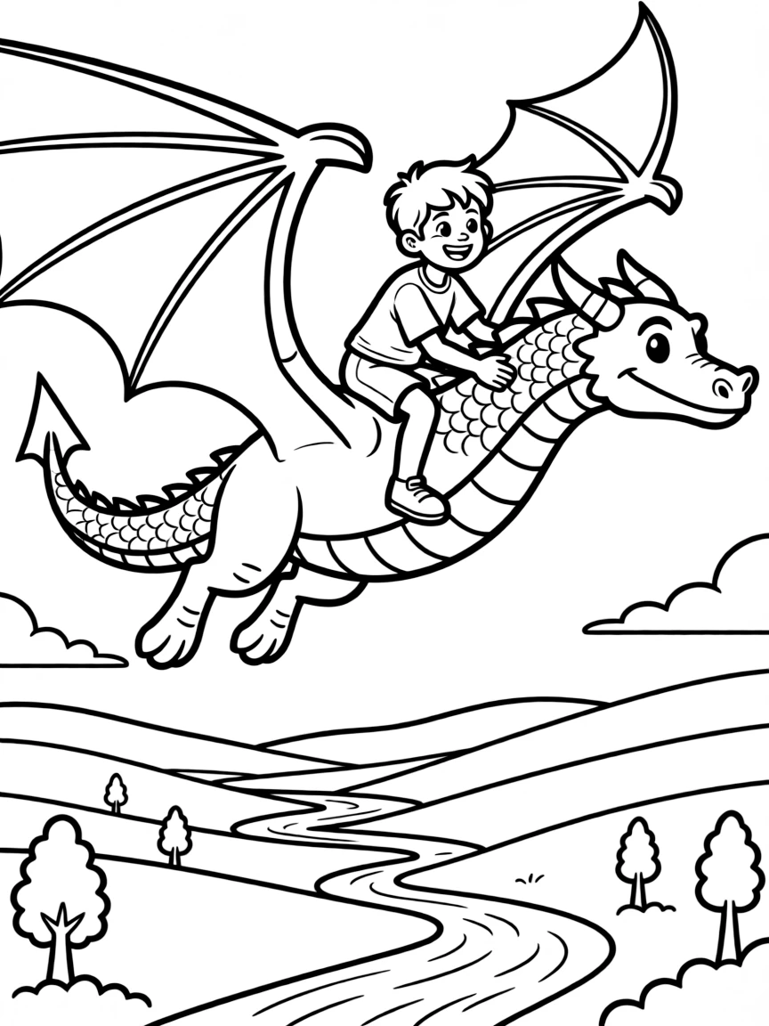Cody flying with Marahute, with a vast landscape below.
