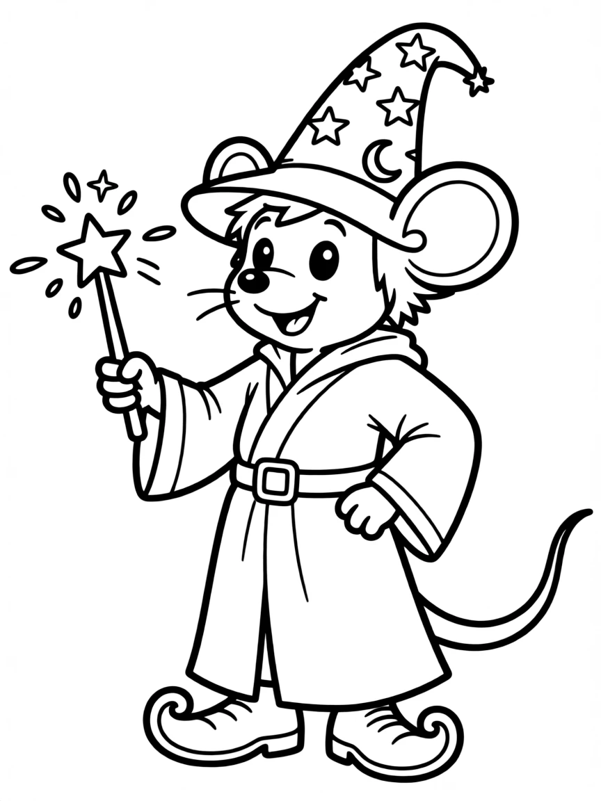 Mickey Mouse dressed as a wizard, with a magic wand.