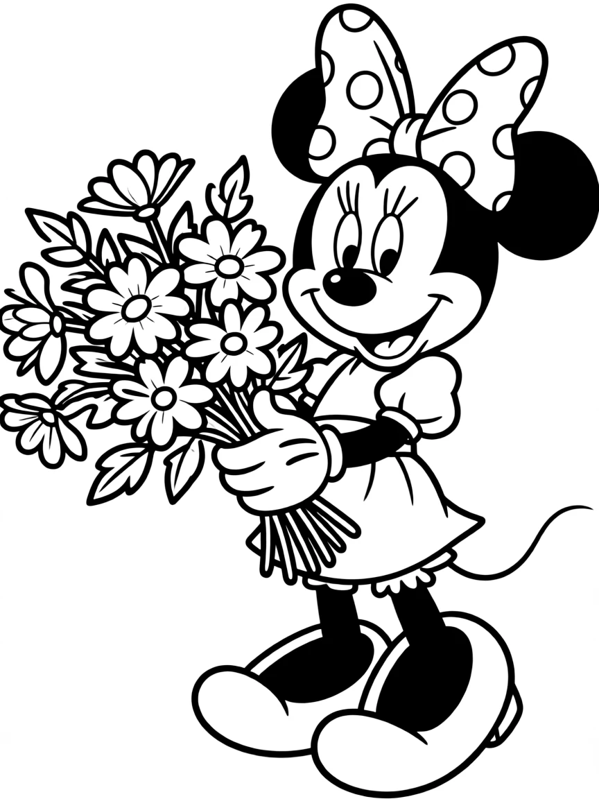 Minnie Mouse holding a large bouquet of flowers.