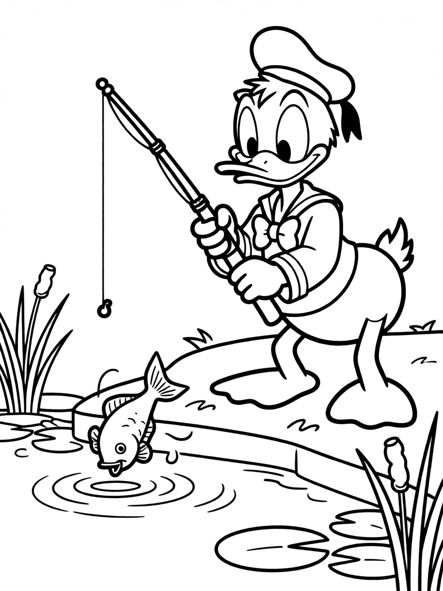 Donald Duck trying to catch a fish, looking frustrated.