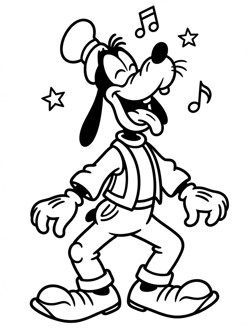 Goofy trying to sing, with a funny expression.