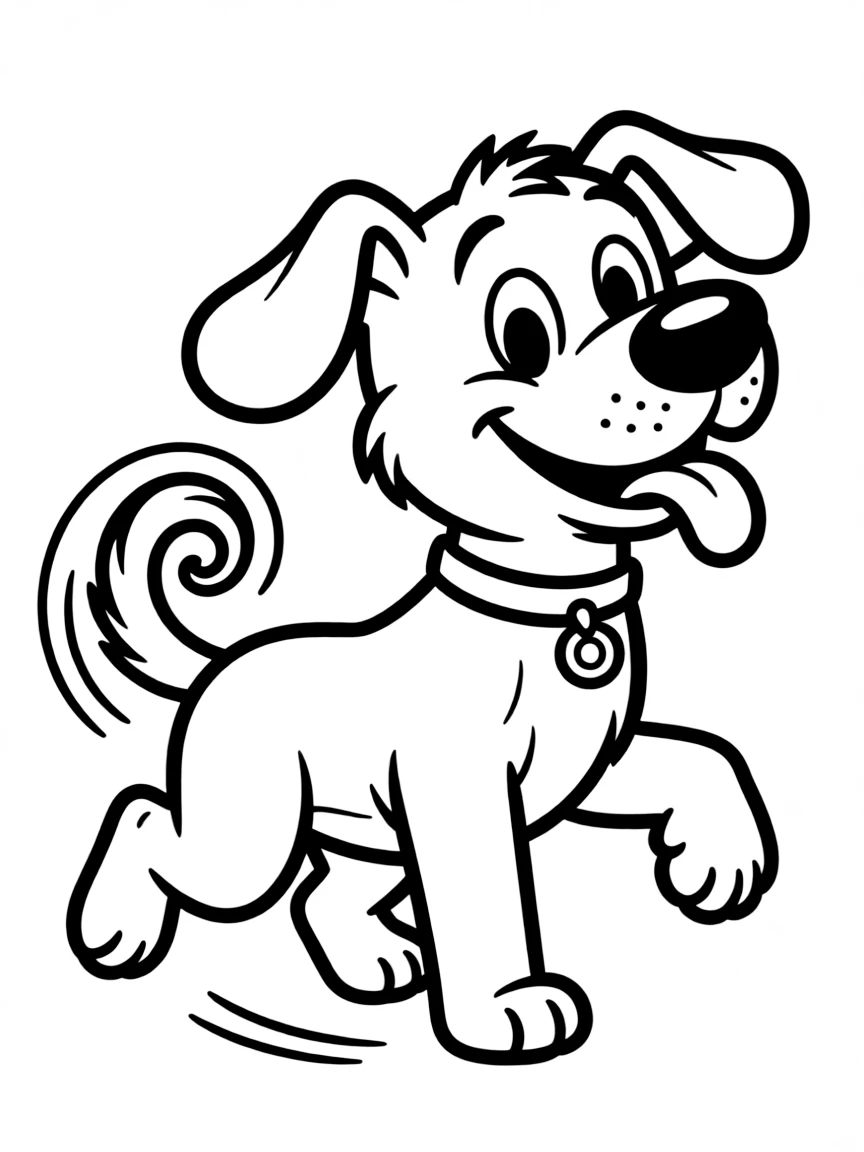 Pluto chasing his tail, looking silly and happy.