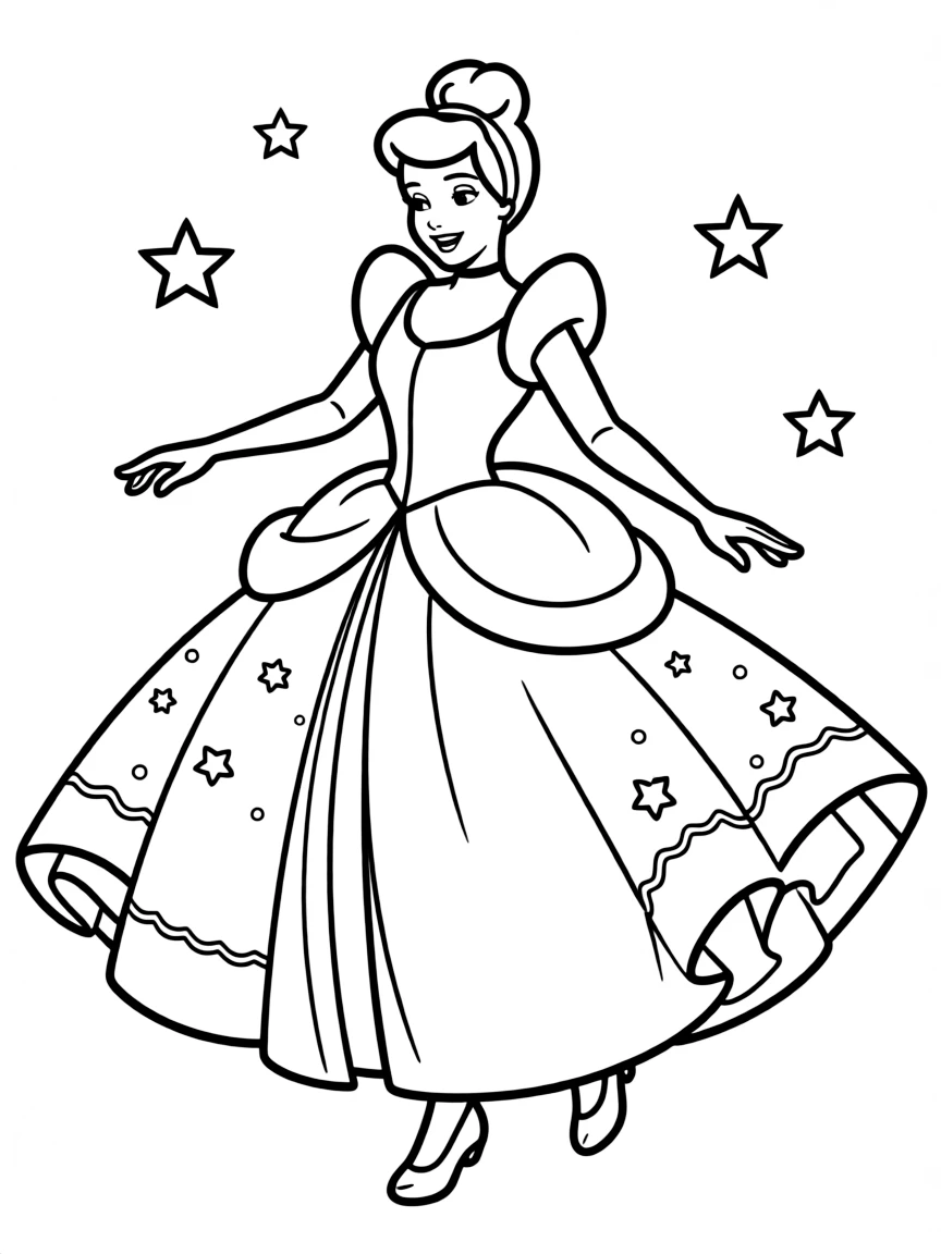 Cinderella twirling in her beautiful ball gown, with stars.