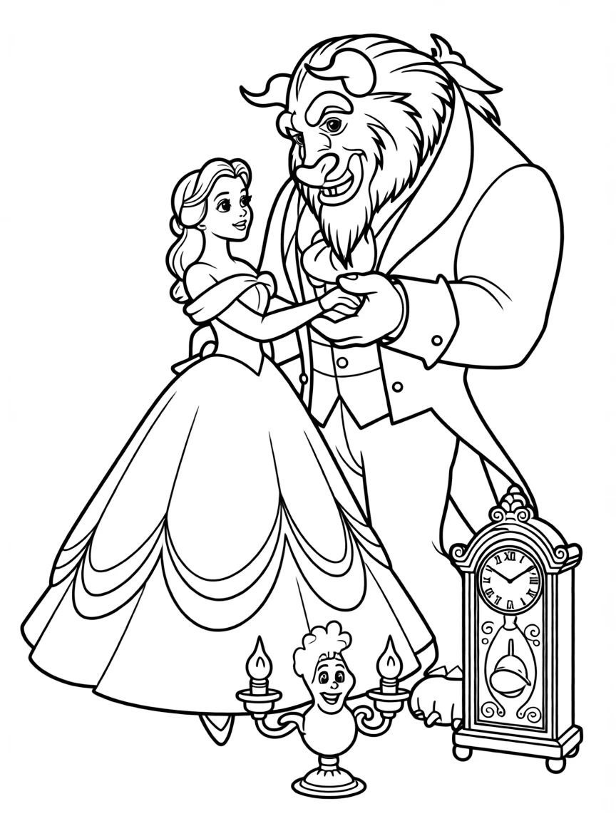 Belle and the Beast dancing gracefully, with Lumiere and Cogsworth.
