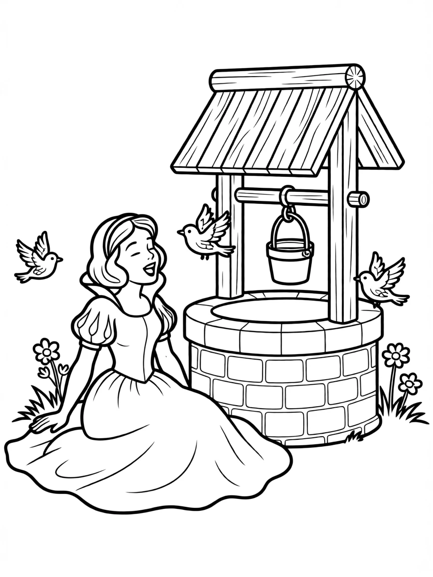 Snow White sitting by a well, singing, with birds flying around.