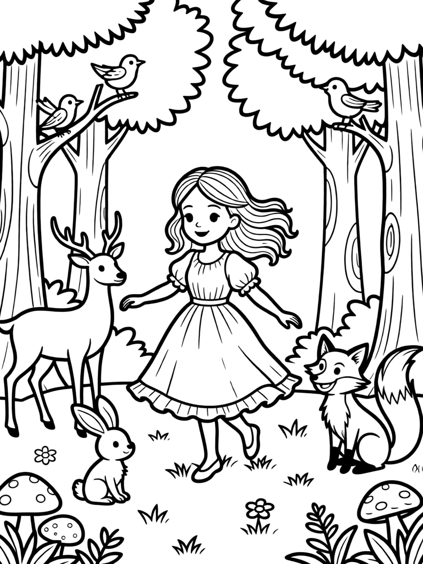 Aurora dancing in the forest with the animals, looking joyful.
