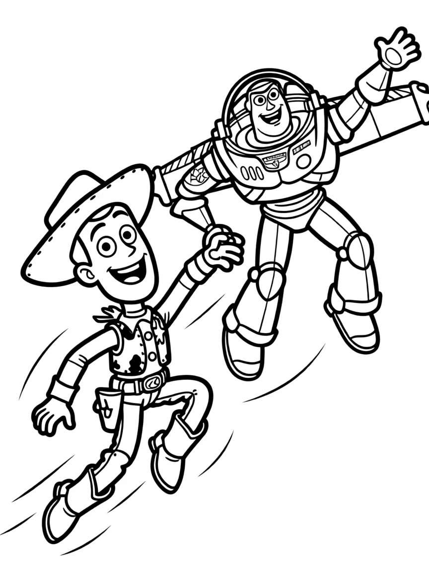 Woody and Buzz flying through the air, with a big smile.