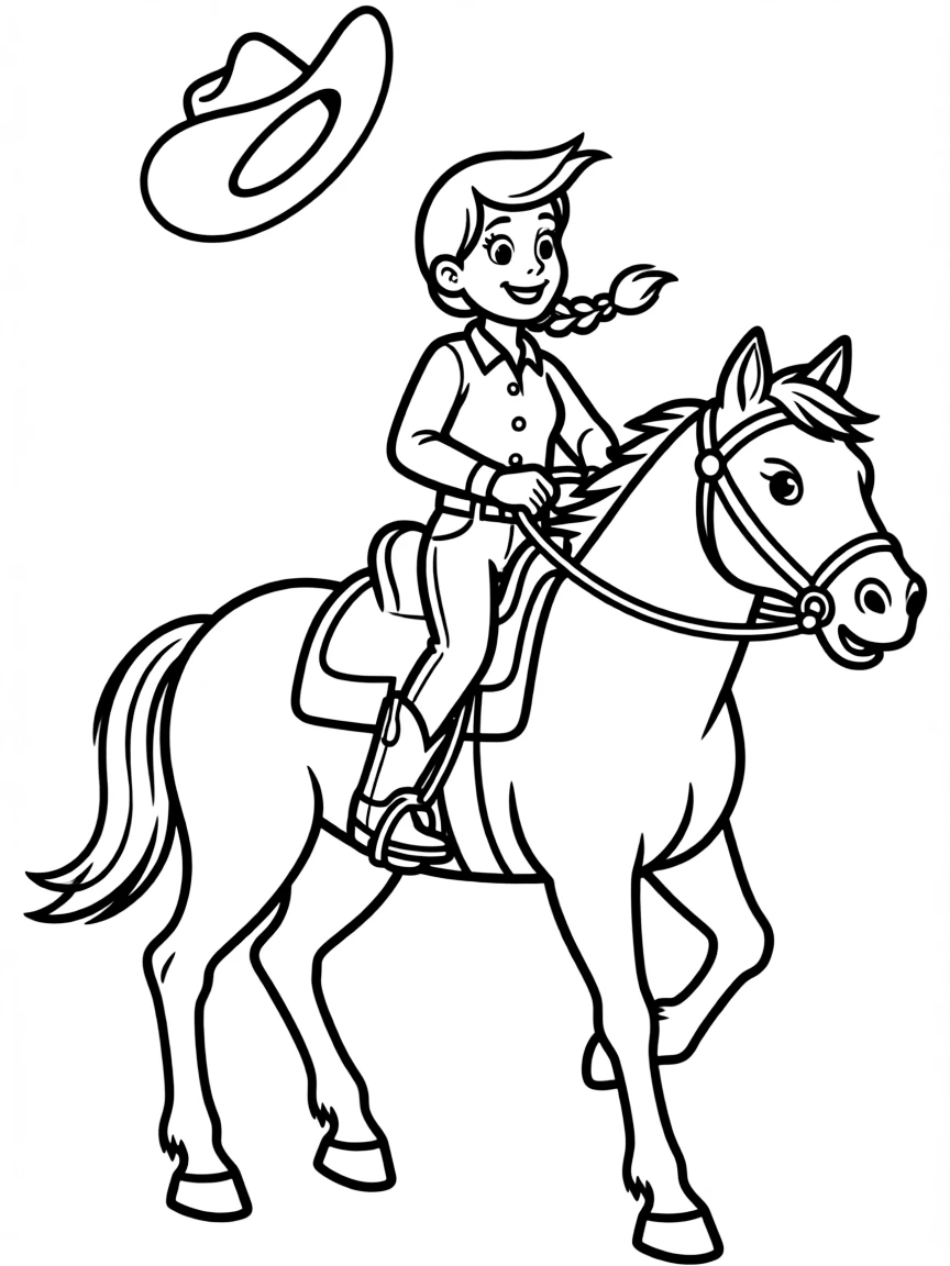 Jessie riding Bullseye, with her hat flying off in the wind.