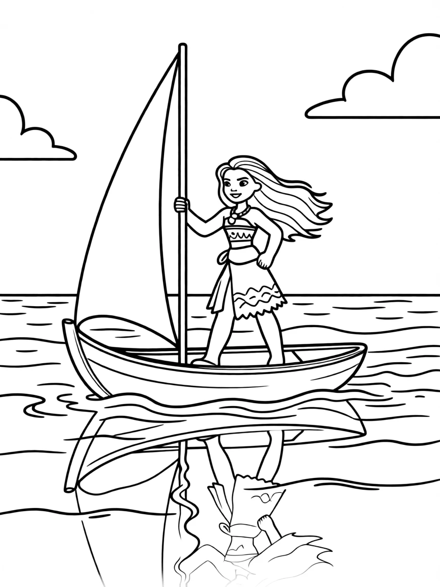 Moana sailing her boat, with a determined expression, and the ocean reflecting her.