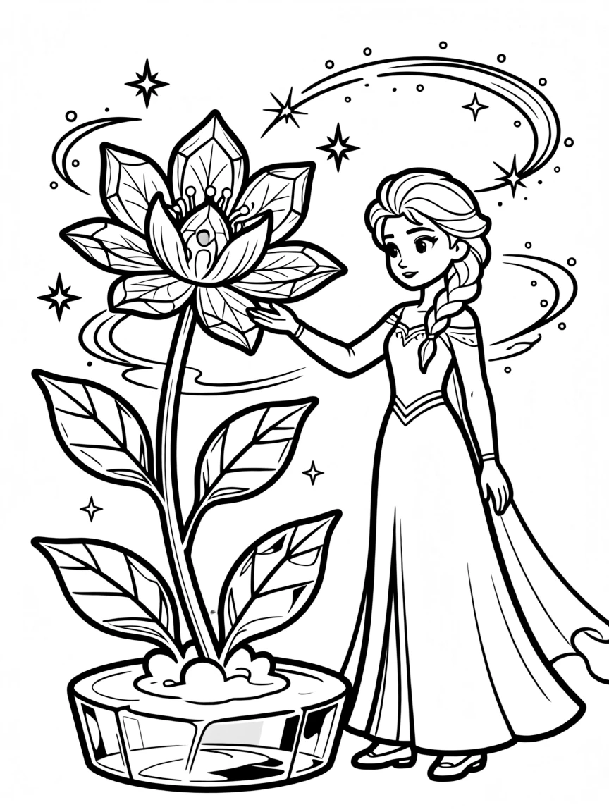 Elsa creating a beautiful ice sculpture of a flower, with magic.