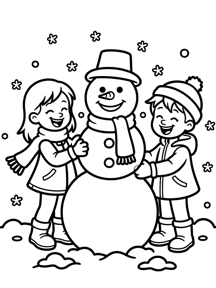 Anna and Olaf building a snowman, laughing and having fun.
