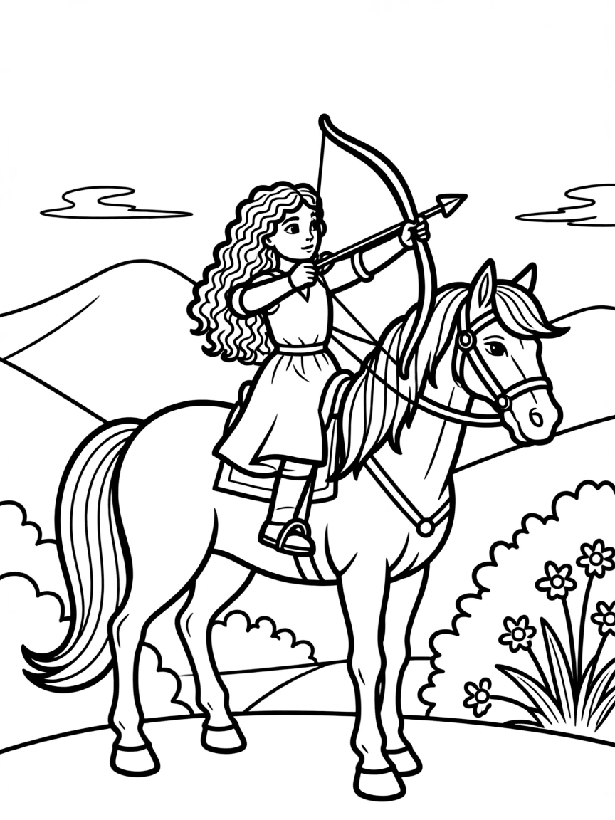 Merida riding Angus through the misty hills, with her bow ready.