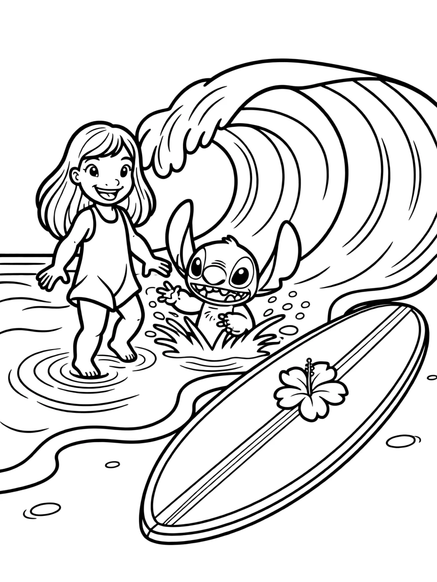 Lilo and Stitch playing in the waves, with a surfboard.