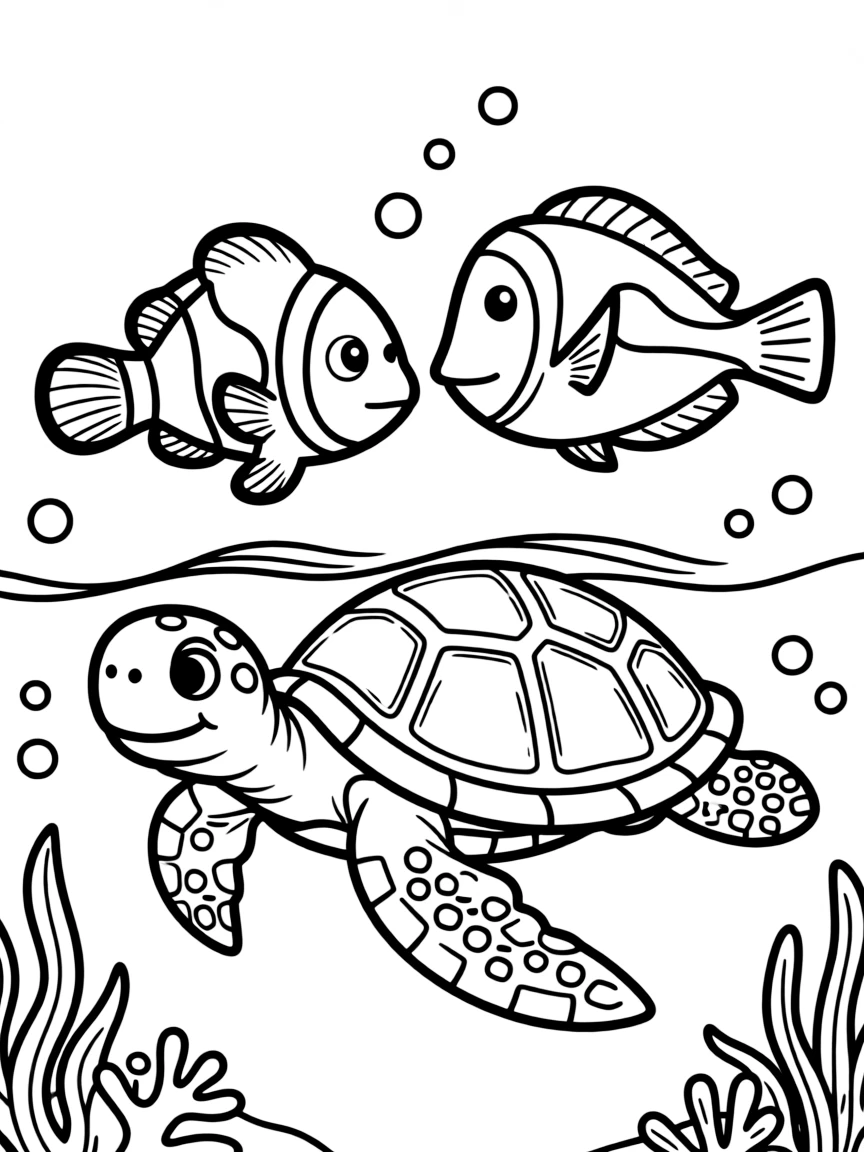 Nemo and Dory swimming with a friendly sea turtle.