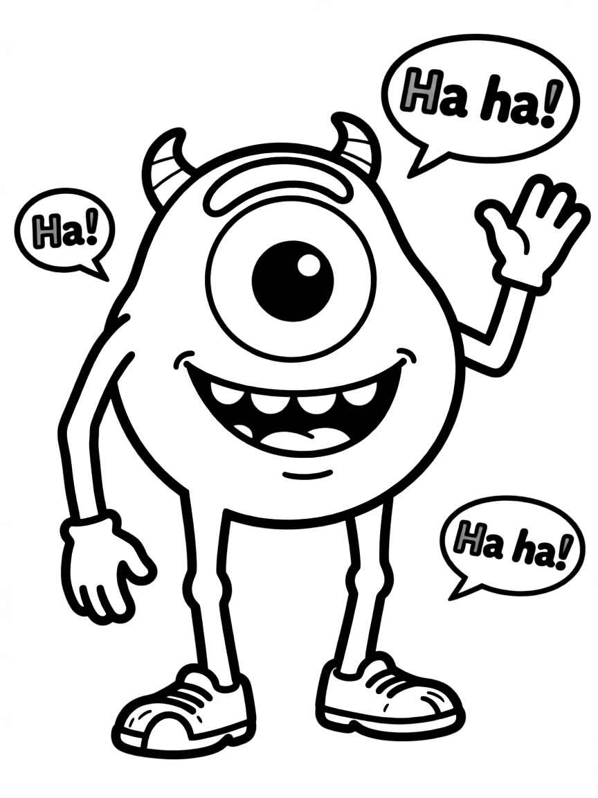 Mike Wazowski telling a funny joke, with his one eye wide open.