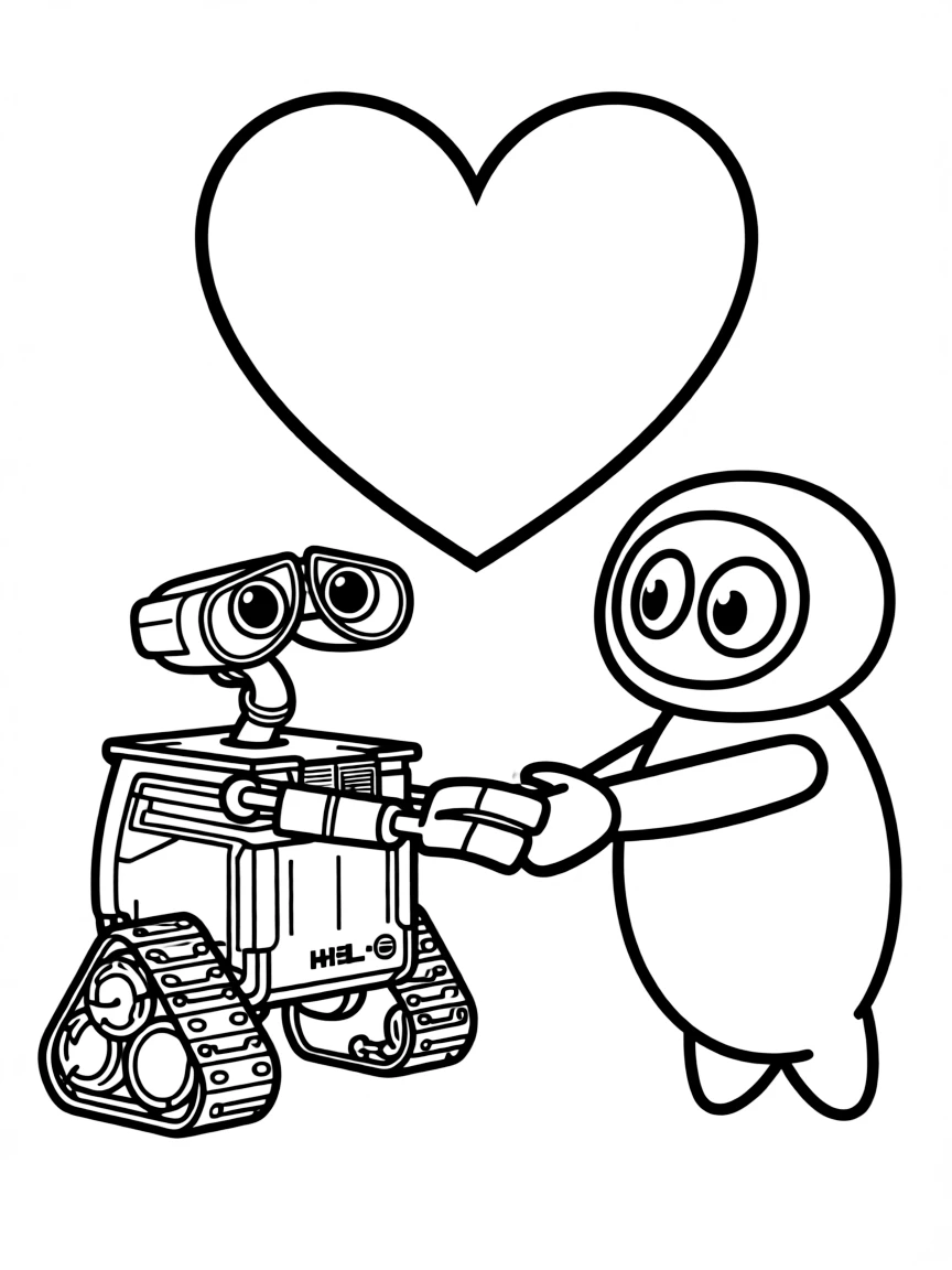 WALL-E and EVE holding hands, with a heart shape.