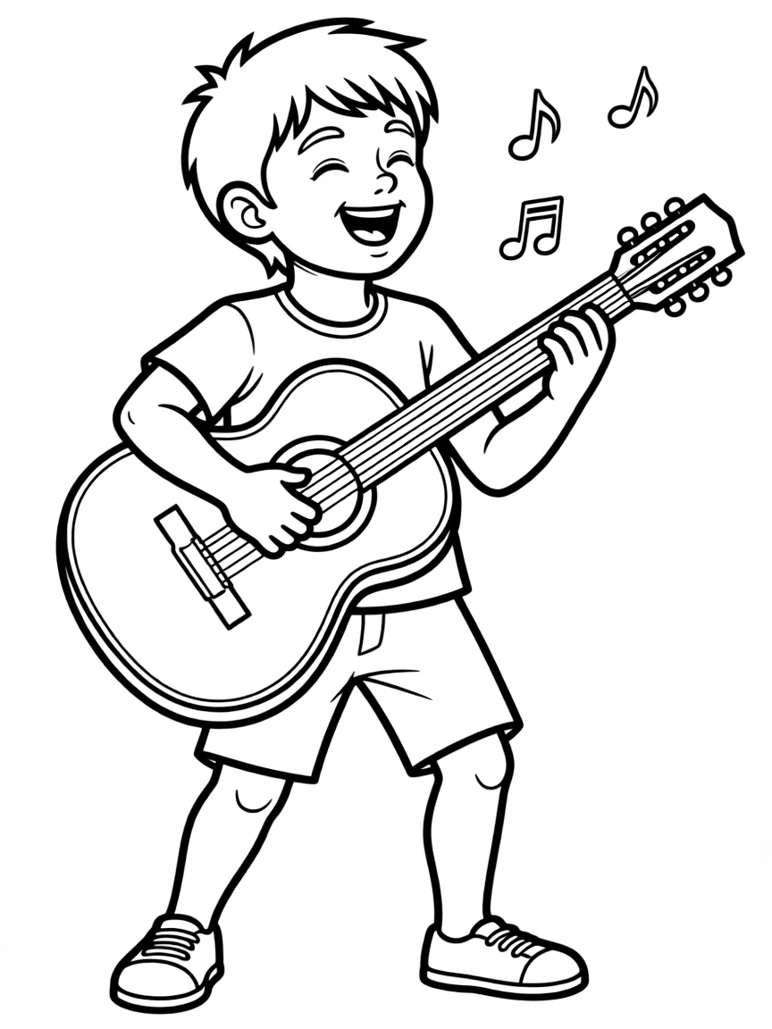 Miguel playing his guitar passionately, with bright colors.