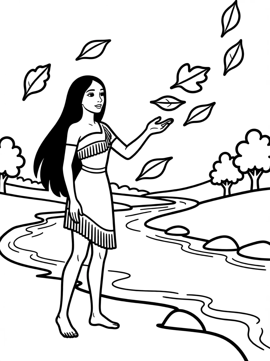 Pocahontas standing by a river, with the leaves blowing.
