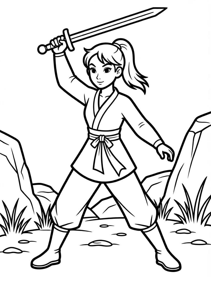 Mulan fighting bravely, with a determined look.
