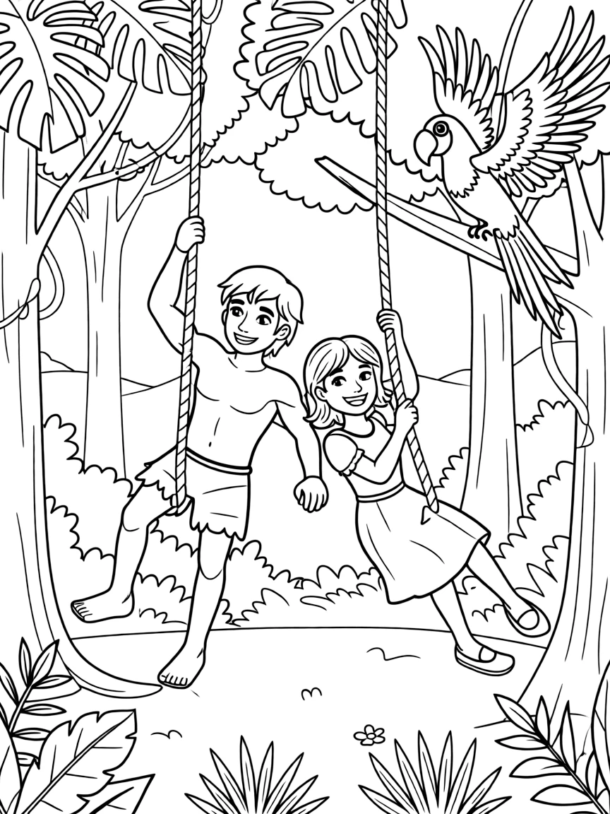 Tarzan swinging with Jane, with a beautiful jungle background.