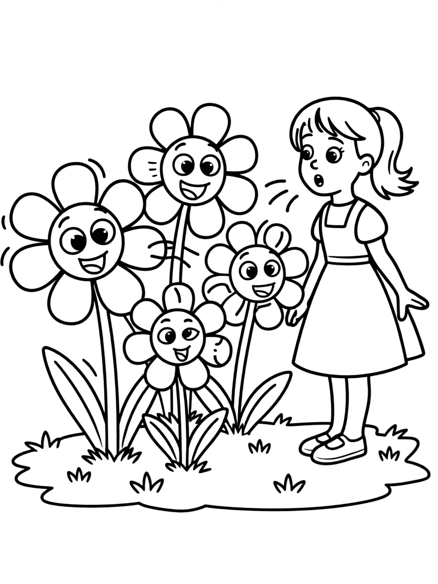 Alice talking to the talking flowers, looking surprised.