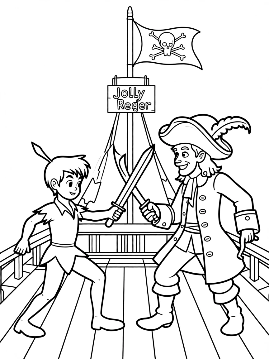 Peter Pan and Captain Hook sword fighting on the Jolly Roger.