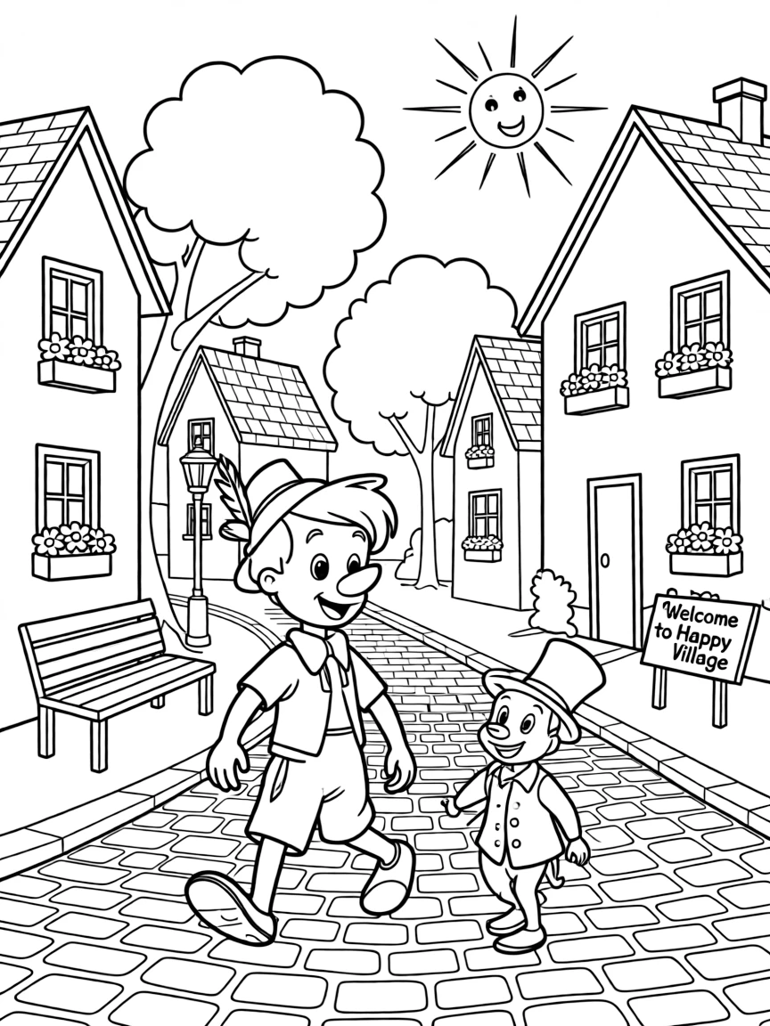 Pinocchio and Jiminy Cricket walking through a happy village.