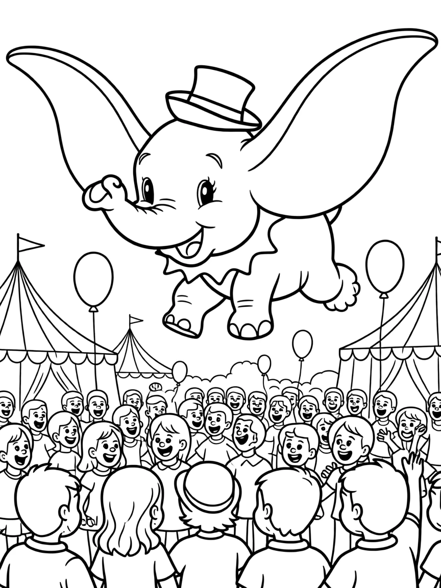 Dumbo flying above the circus crowd, looking triumphant.