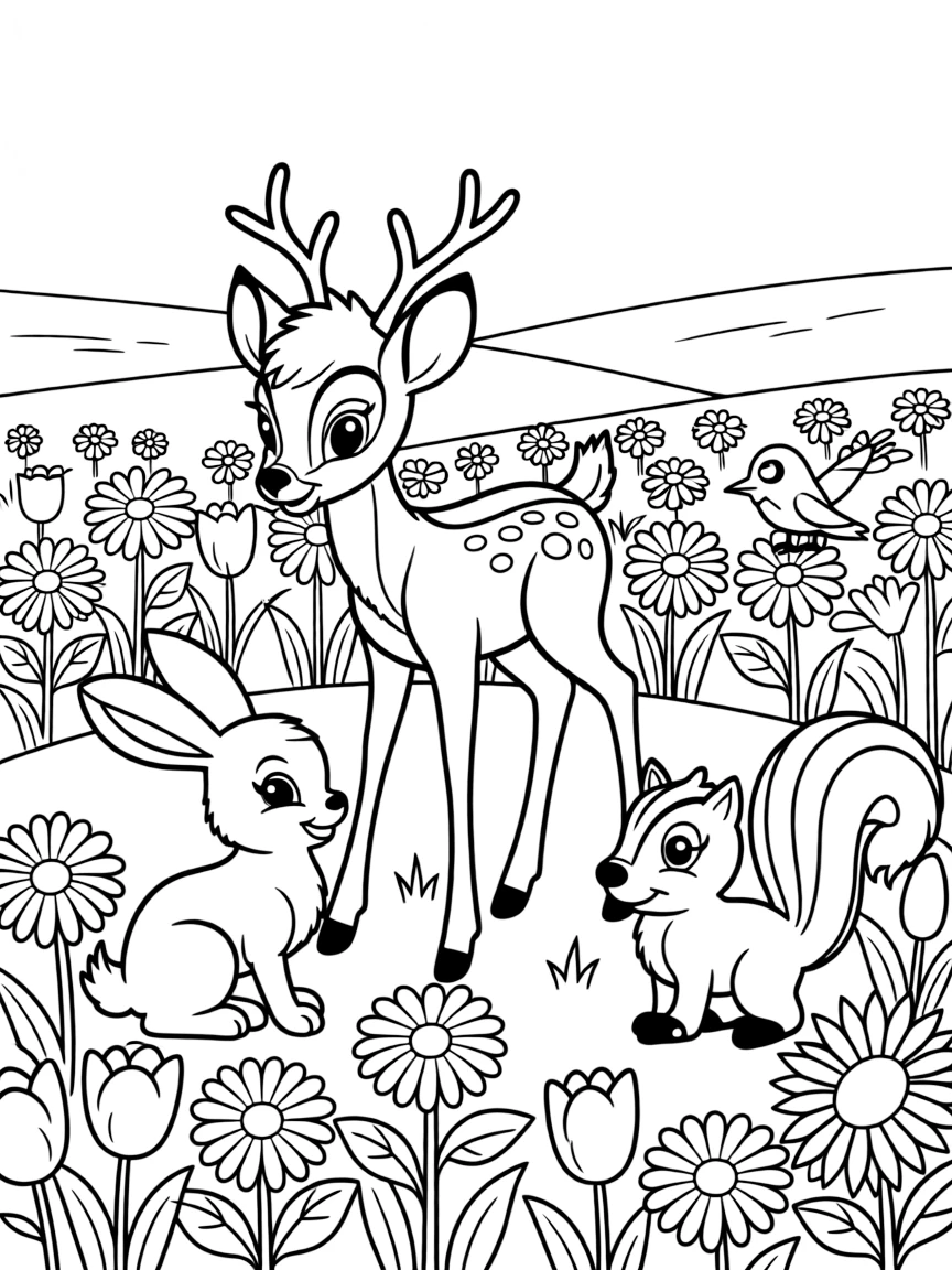 Bambi and his friends playing in a field of flowers.