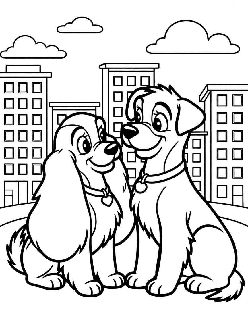 Lady and Tramp looking at each other lovingly, with the cityscape.