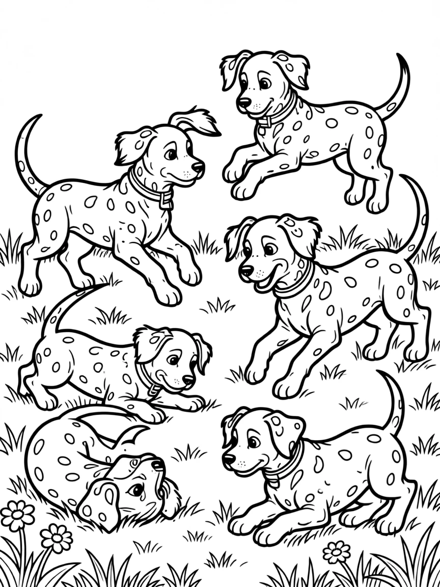 The Dalmatian puppies playing with each other, with spots everywhere.