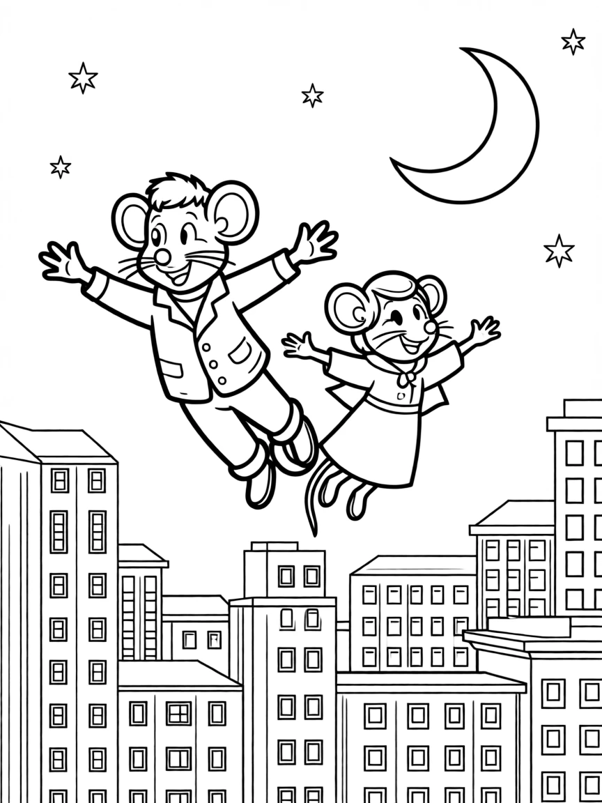 Bernard and Miss Bianca flying over a city at night.
